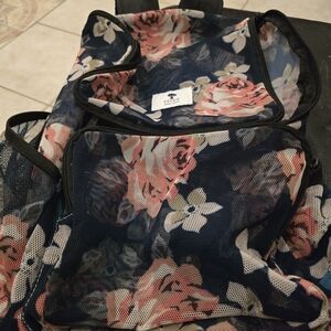 Floral Navy Mesh Backpack with Pink Rose Print